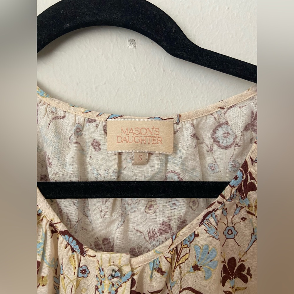 Mason's Daughter Dress S Beige Floral Button Front Puff Sleeve Tie Waist - Picture 3 of 4
